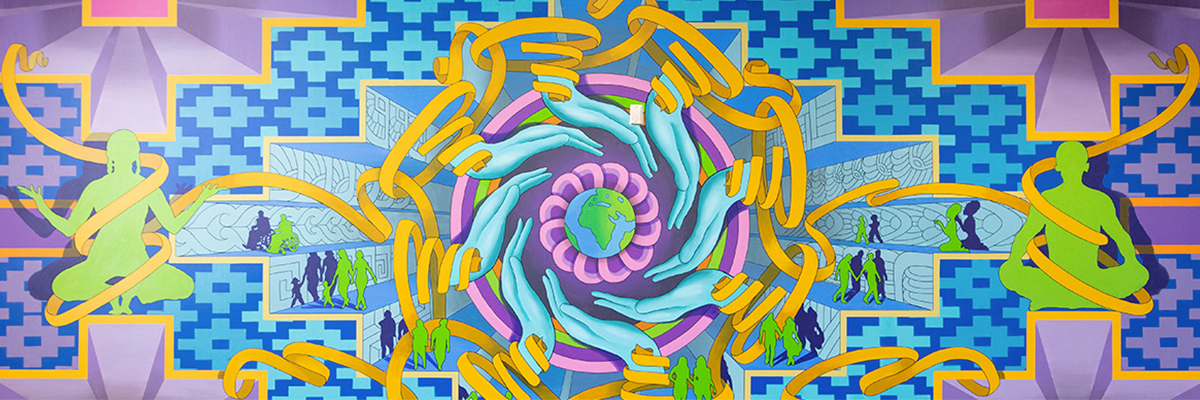 MOSAIC mural A vibrant mural featuring a central spiral of turquoise and pink hands reaching toward a small Earth globe.