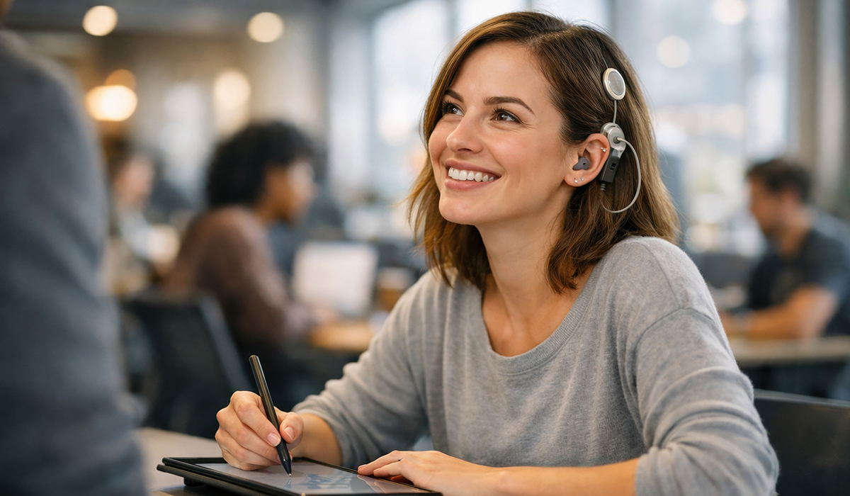 A smiling young woman wearing a cochlear implant looks up while using a stylus on a digital tablet in a modern office or study space.