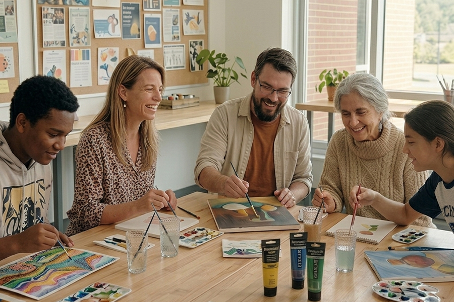 Four adults and a teenager laugh and paint together at a wooden table in a bright art studio, with acrylic paint tubes, water cups, palettes, and colorful works in progress spread across the table and artwork displayed on cork boards in the background.