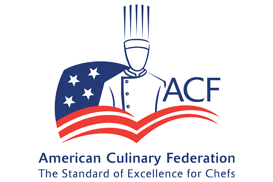 American Culinary Federation (ACF) logo featuring a chef figure, a blue-and-red shield with stars, and an open-book motif. The text reads “American Culinary Federation” and “The Standard of Excellence for Chefs.”