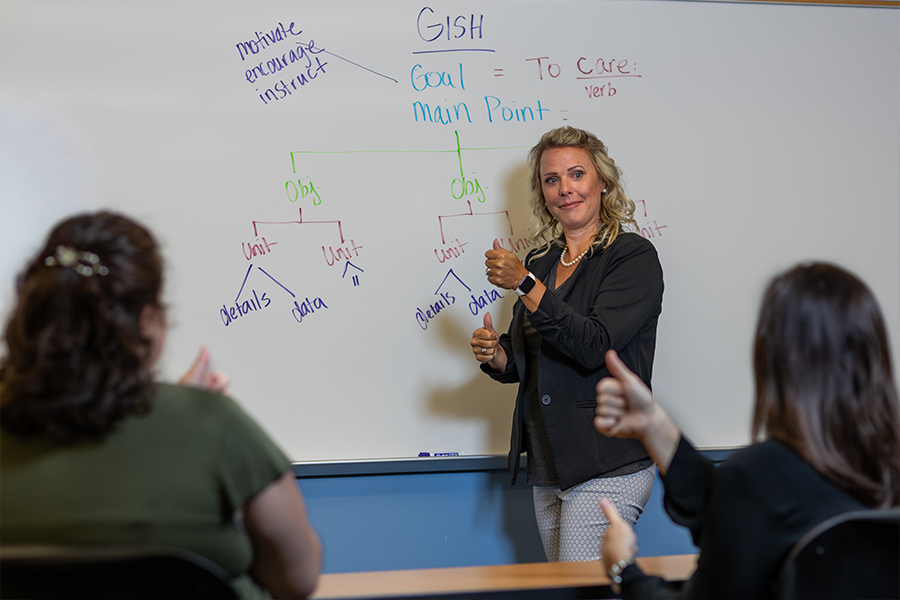 teacher at white board in front of classroom