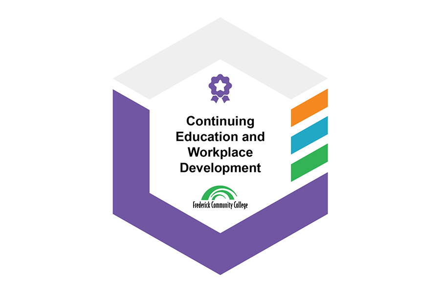 A purple hexagonal digital badge for Frederick Community College Continuing Education and Workplace Development, featuring a ribbon star icon and the college logo.