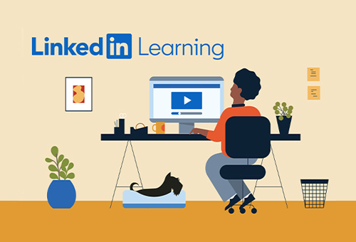LinkedIn Learning logo with an illustration of a person learning online at a home desk.
