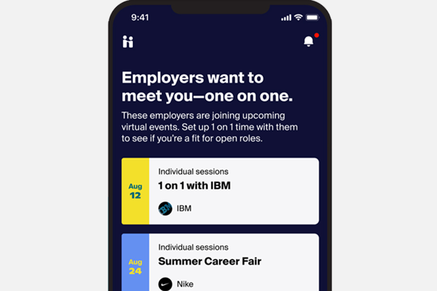 A smartphone screen displays the Handshake app interface under the headline "Employers want to meet you—one on one." Below the text, two event cards are listed: a yellow card for "1 on 1 with IBM" on August 12, and a blue card for a "Summer Career Fair" with Nike on August 24.