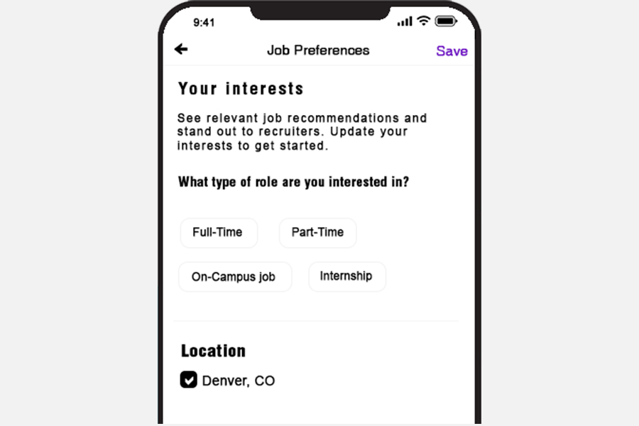 A smartphone screen showing the "Job Preferences" section of the Handshake app. Under the "Your interests" heading, there are selectable buttons for "Full-Time," "Part-Time," "On-Campus job," and "Internship." Below that, the "Location" section shows "Denver, CO" with a checked box.