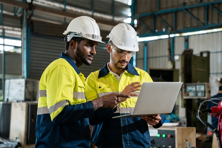 Two mechanical technicians in hard hats and safety gear reviewing a laptop together in an industrial warehouse
