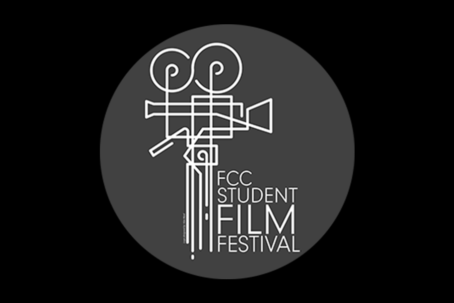 The FCC Student Film Festival logo featuring a stylized white line-art illustration of a vintage film camera inside a dark grey circle, set against a black background.