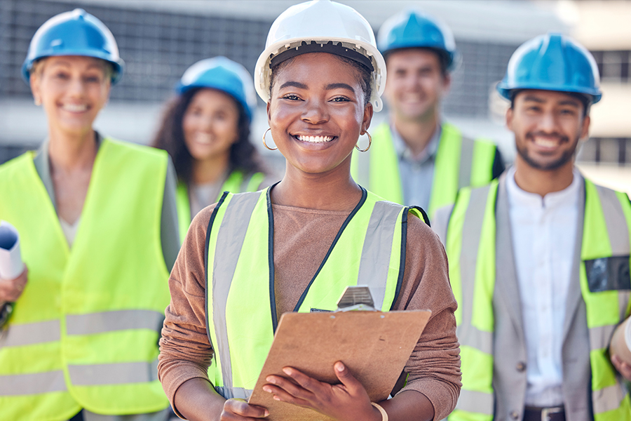 A smiling construction worker wearing a white hard hat and high-visibility vest holds a clipboard in the foreground, with a group of similarly dressed coworkers standing behind her at a worksite.