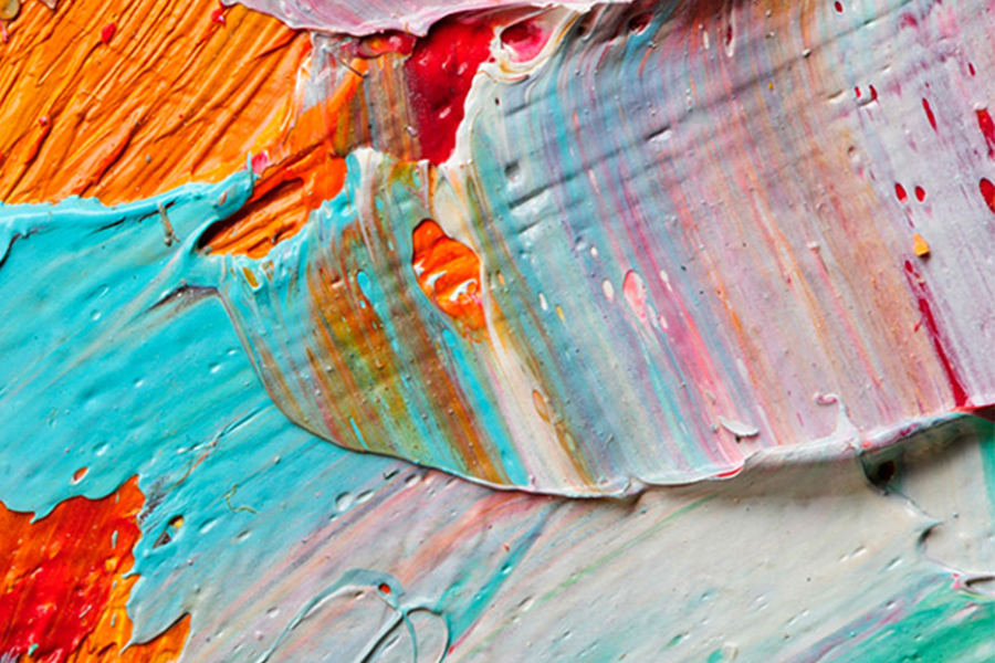 A vibrant, close-up texture of thick oil or acrylic paint strokes in shades of orange, turquoise, pink, and white.