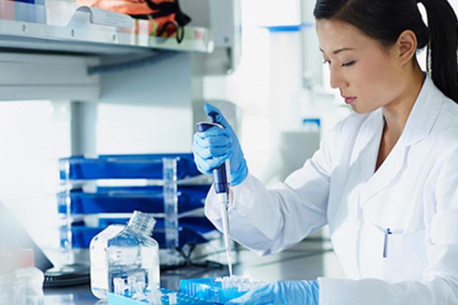 A female scientist in a white lab coat and blue gloves uses a pipette to conduct research in a medical laboratory.