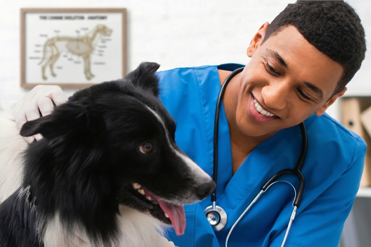 A smiling veterinary professional in blue scrubs and a stethoscope gently examines a black-and-white border collie in a clinic setting.