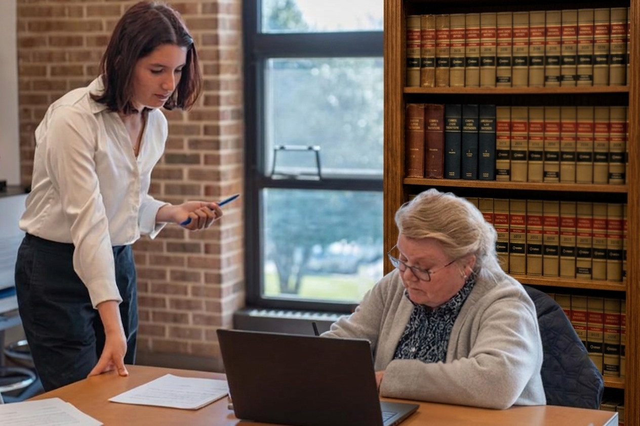 A young woman in a white shirt leans over a table holding a pen while an older woman with glasses works at a laptop, with a tall bookshelf of law books and a brick wall visible in the background.