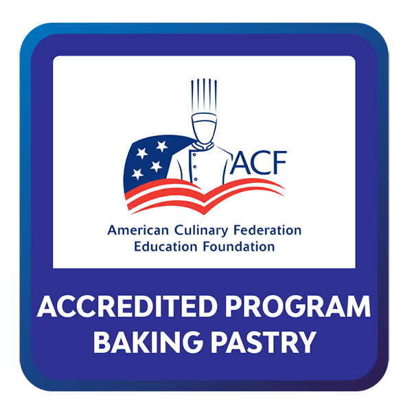 Badge for the American Culinary Federation Education Foundation, featuring a chef illustration over a stylized American flag and open book above the ACF acronym. Text beneath reads 'Accredited Program Baking Pastry' in white on a blue background.