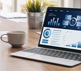 A close-up photograph of a laptop computer displaying a business data dashboard, positioned diagonally on a wooden office desk next to a white coffee mug. The background is softly blurred.