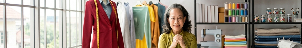 A smiling woman with a measuring tape standing in front of a rack of colorful clothing.
