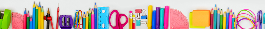 A colorful assortment of school supplies lined up against a white background, including pencils, colored pencils, rulers, scissors, paper clips, a pencil sharpener, binder clips, sticky notes, and rubber bands.