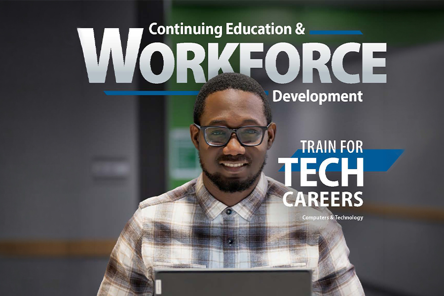 Cover of the Continuing Education & Workforce Development schedule promoting tech career training, featuring a smiling man in glasses working on a laptop.