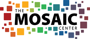 A logo for The MOSAIC Center. The word MOSAIC is written in large, bold, black capital letters in the center, flanked by "THE" in smaller text above the "M" and "CENTER" below the "IC." Surrounding the text is a vibrant, horizontal explosion of multi-sized squares in a rainbow gradient.