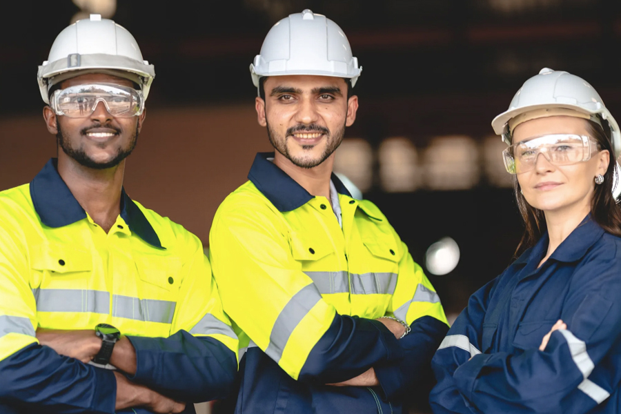 Three trades workers in hard hats, safety glasses, and high-visibility gear stand with arms crossed and smile at the camera in an industrial setting.